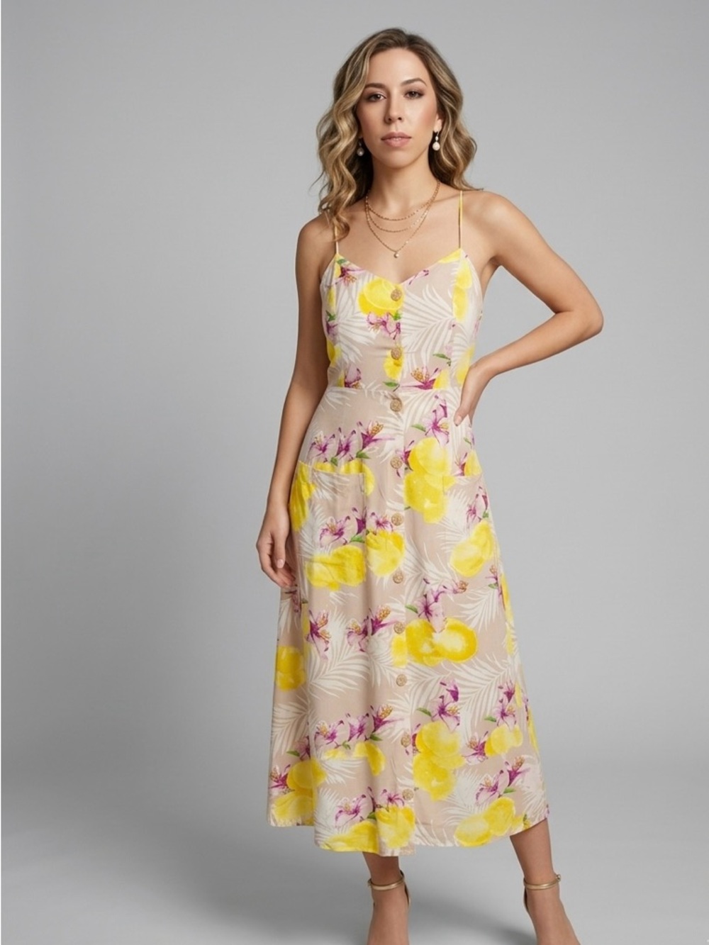Lemon Floral Midi Linen Blend Dress - Picture 10 of 13
